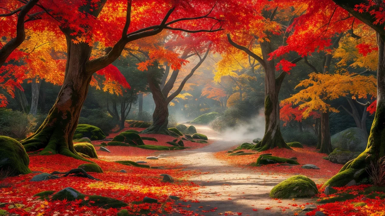 紅葉に染まる楓の茂み
